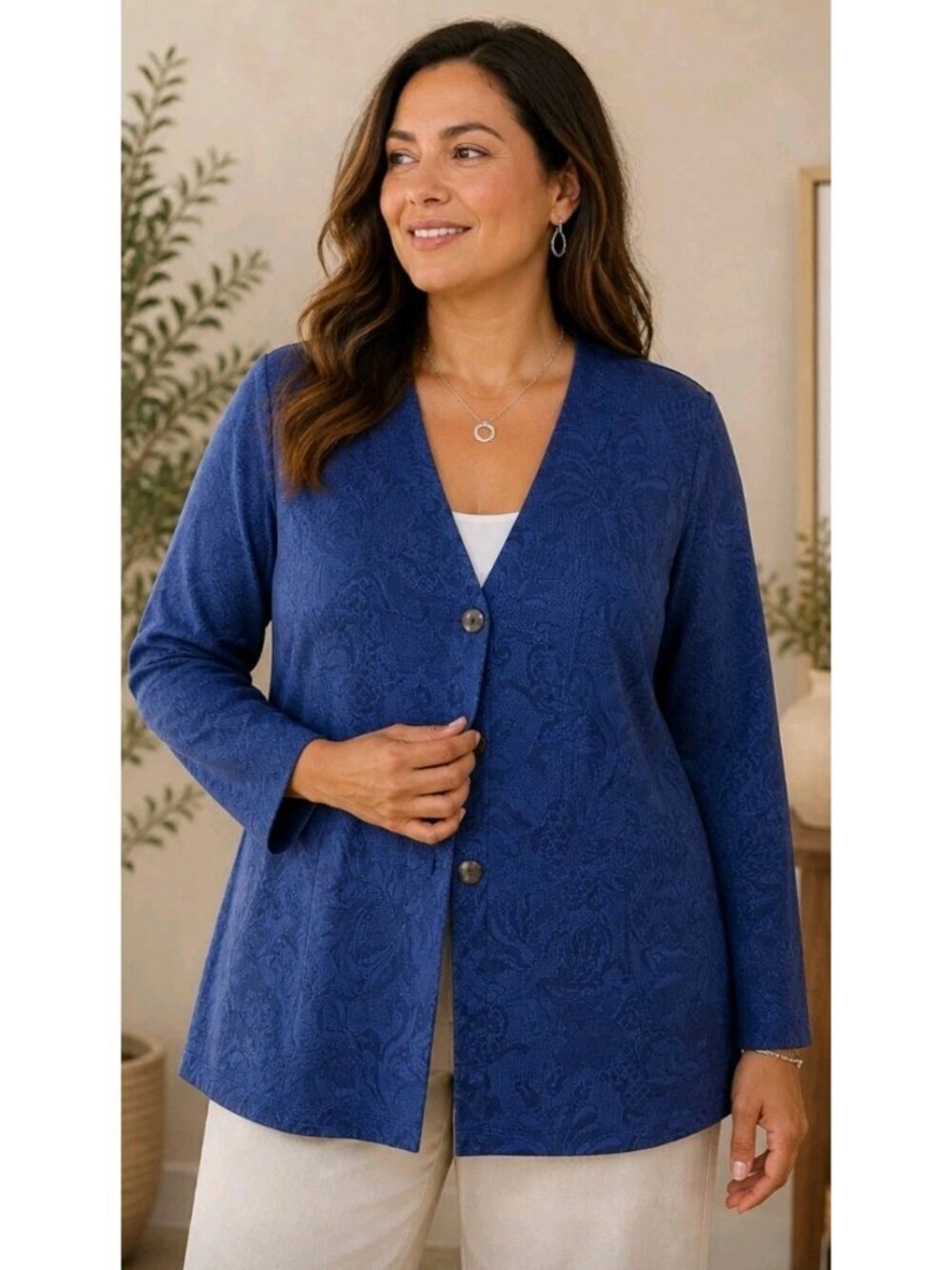 Vtg Chicos Textured Jacquard Jacket/Blazer Floral Button Front Size 2/Large Blue